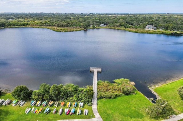 aerial view featuring a water view and a forest view