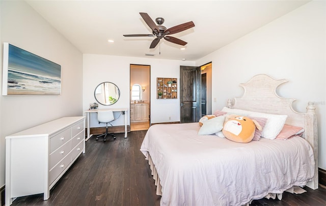 bedroom with dark wood-style flooring, recessed lighting, connected bathroom, ceiling fan, and baseboards