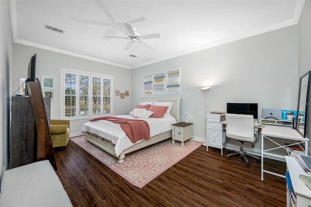 bedroom with ceiling fan, ornamental molding, and dark hardwood / wood-style floors