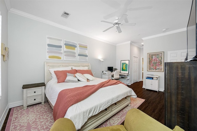 bedroom with ceiling fan, ornamental molding, and dark hardwood / wood-style flooring