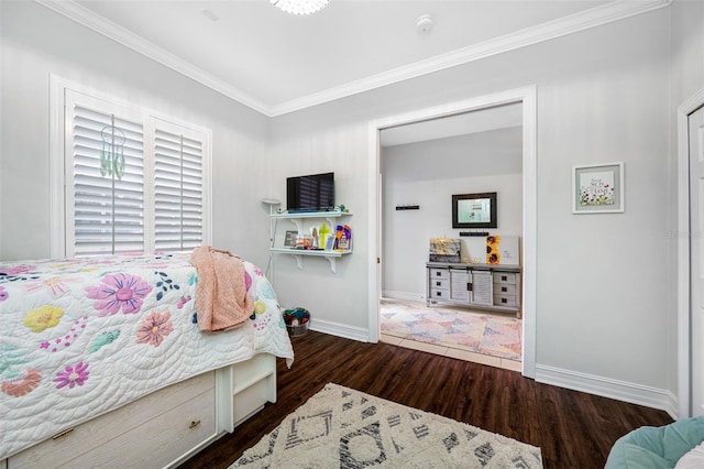 bedroom with dark wood-type flooring and ornamental molding