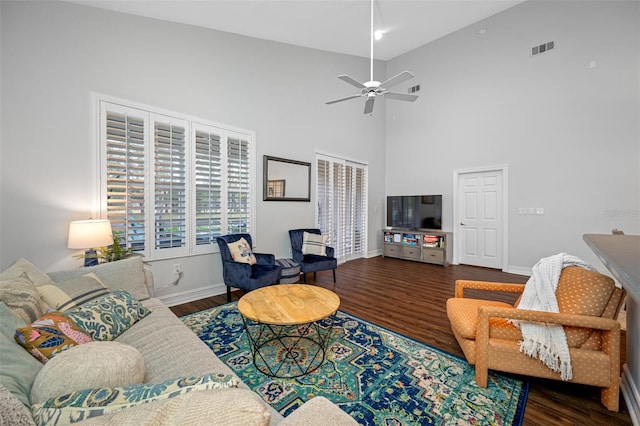 living room with high vaulted ceiling, ceiling fan, and dark hardwood / wood-style flooring