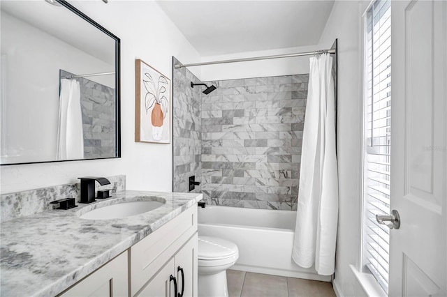 full bathroom with shower / bath combination with curtain, vanity, toilet, and tile patterned flooring