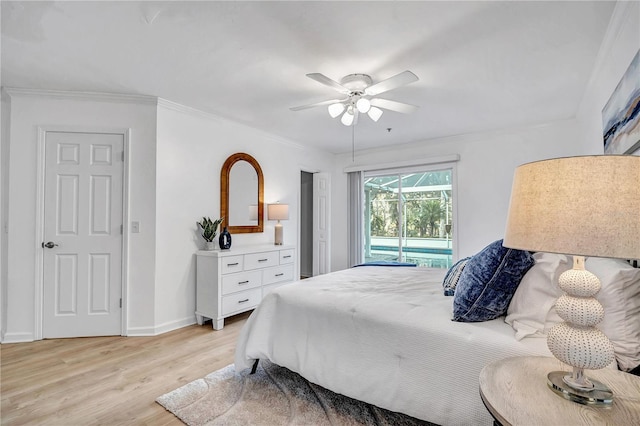 bedroom with ceiling fan, ornamental molding, access to exterior, and light hardwood / wood-style flooring