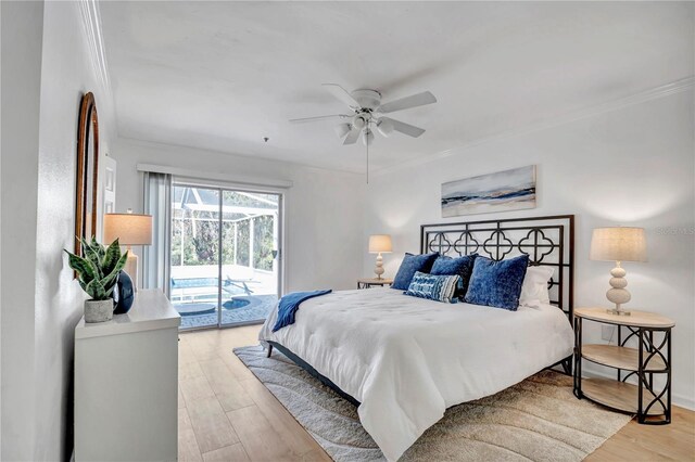 11624 Monette Rd, Riverview, FL 33569 - bedroom featuring access to outside, crown molding, light wood-type flooring, ceiling fan, and baseboards