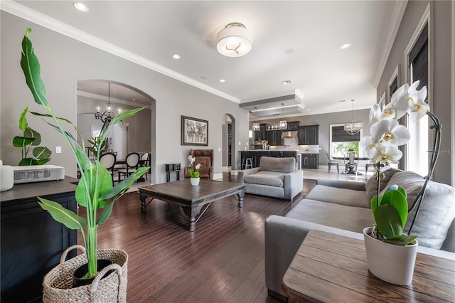 living room with a notable chandelier, ornamental molding, and dark hardwood / wood-style flooring