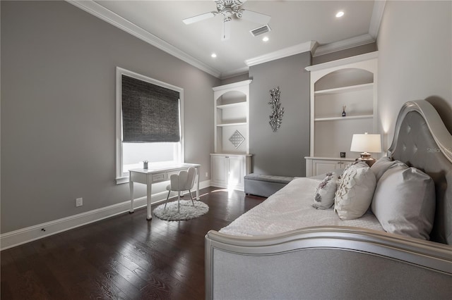 bedroom with ceiling fan, ornamental molding, and dark hardwood / wood-style floors