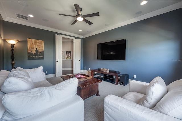 carpeted living room featuring ceiling fan and crown molding