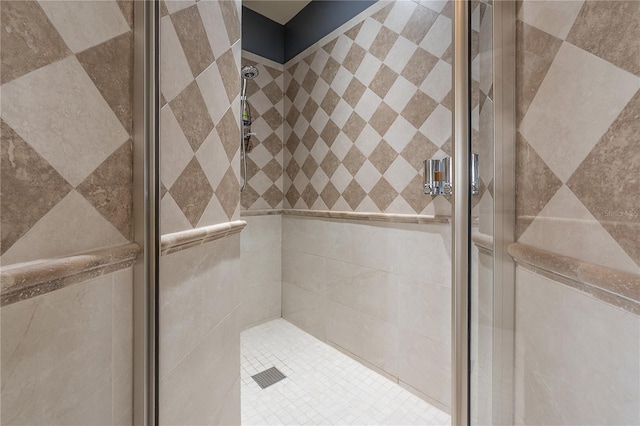 bathroom with a shower with shower door