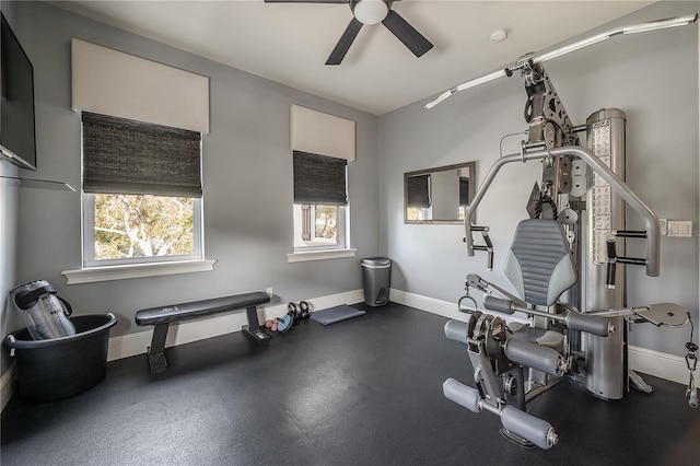 exercise room with ceiling fan and a wealth of natural light