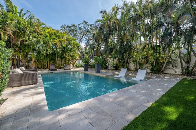 view of swimming pool with a patio