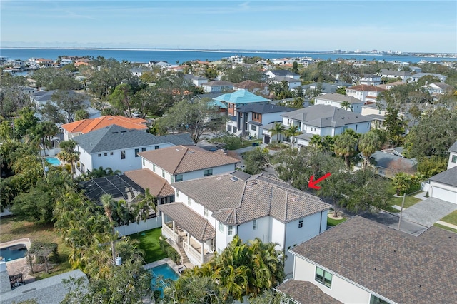 drone / aerial view featuring a water view