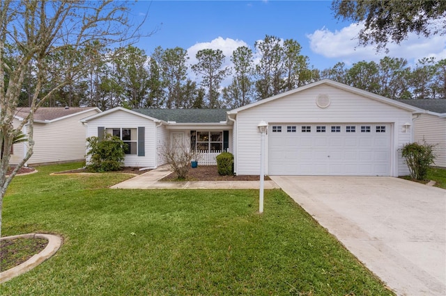 ranch-style house with a garage, a front lawn, and covered porch