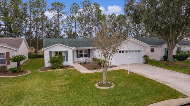 ranch-style home with a garage, covered porch, and a front yard