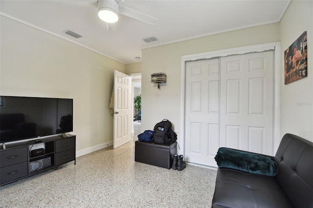 living room with ceiling fan