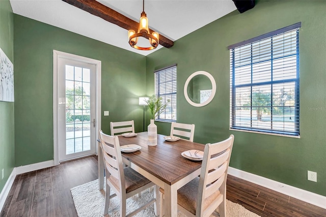 dining room featuring beam ceiling, baseboards, and dark wood-type flooring