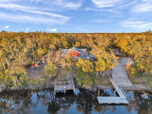 birds eye view of property with a water view and a wooded view