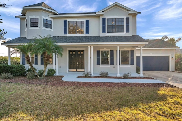 view of front of house featuring stucco siding, driveway, a front yard, a garage, and covered porch