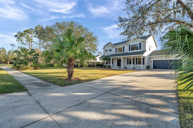 view of front facade with stucco siding, driveway, an attached garage, a front lawn, and a porch