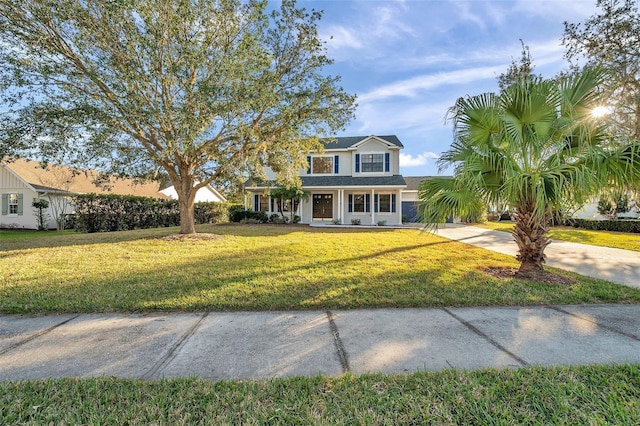 traditional home with a front yard, driveway, and stucco siding