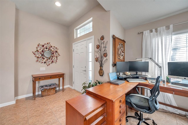 home office with light tile patterned floors