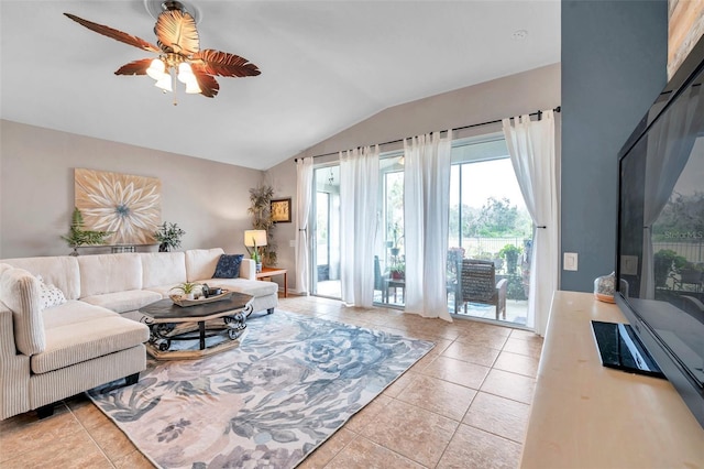 living room with vaulted ceiling, light tile patterned floors, and ceiling fan