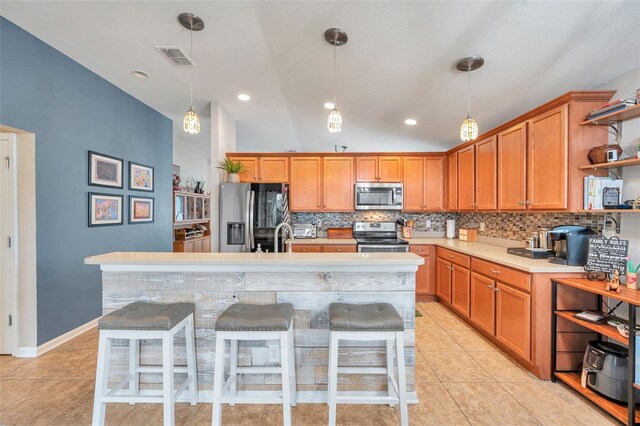 5720 107th Ter E, Parrish, FL 34219 - kitchen with appliances with stainless steel finishes, open shelves, decorative backsplash, light tile patterned floors, and vaulted ceiling