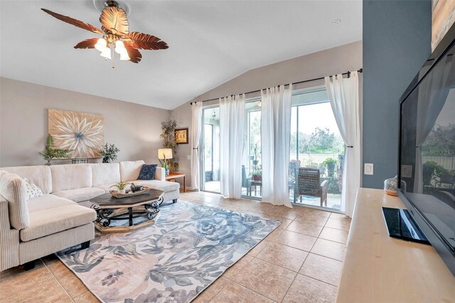 5720 107th Ter E, Parrish, FL 34219 - tiled living room featuring lofted ceiling and ceiling fan
