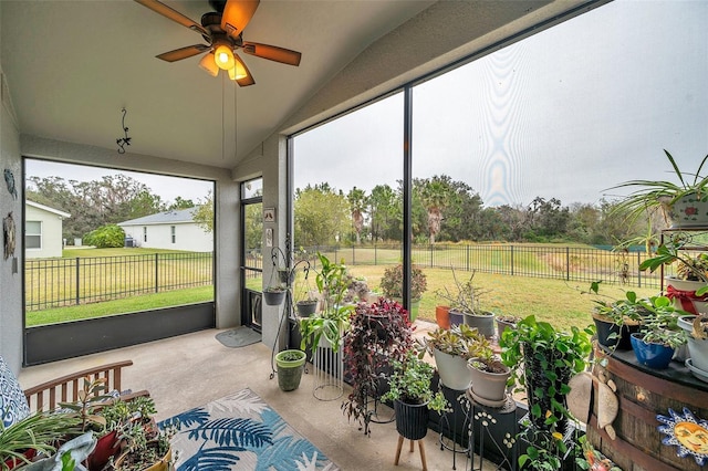 5720 107th Ter E, Parrish, FL 34219 - sunroom featuring a ceiling fan and lofted ceiling