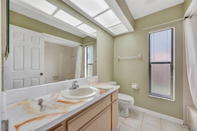 full bathroom featuring tile patterned flooring, vanity, toilet, and a healthy amount of sunlight