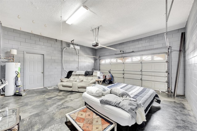 garage featuring water heater and a garage door opener