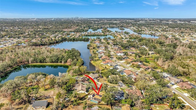 drone / aerial view featuring a water view