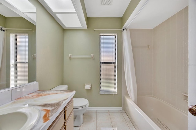 full bathroom featuring tile patterned flooring, vanity, shower / bathtub combination with curtain, and toilet