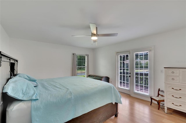 bedroom with light wood-type flooring, access to exterior, and ceiling fan