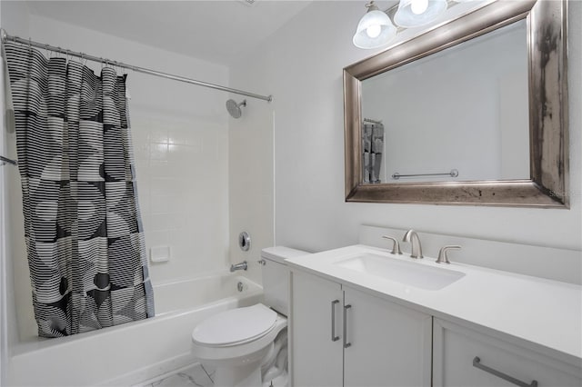 full bathroom with vanity, toilet, and shower / bath combo with shower curtain