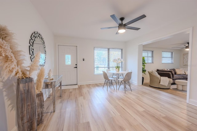 dining space with ceiling fan and light hardwood / wood-style floors