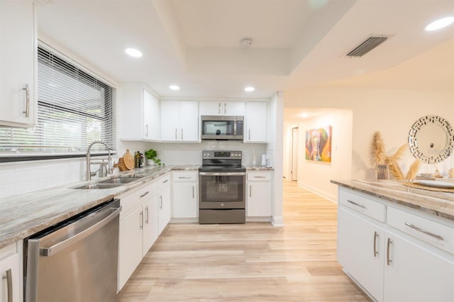 kitchen featuring white cabinets, appliances with stainless steel finishes, decorative backsplash, sink, and light hardwood / wood-style flooring