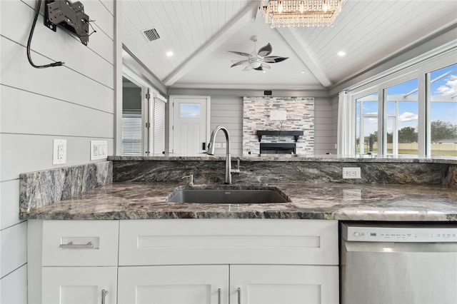 kitchen featuring sink, wooden ceiling, stainless steel dishwasher, and white cabinets