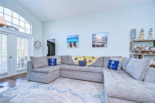 living room featuring french doors and wood-type flooring