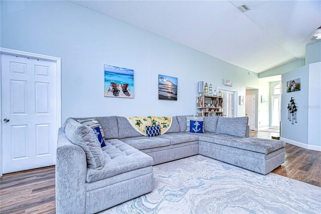 living room featuring wood-type flooring and vaulted ceiling