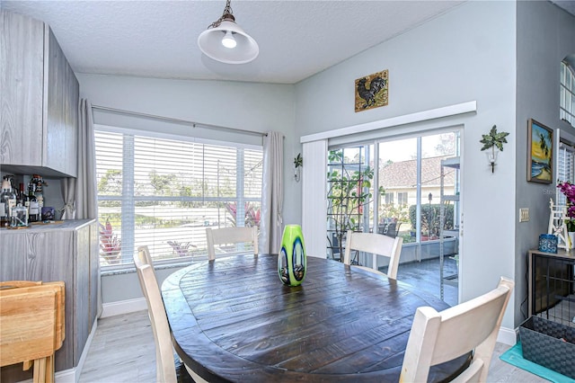 dining room with light hardwood / wood-style floors and a textured ceiling