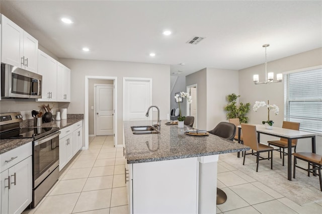 kitchen with white cabinetry, sink, pendant lighting, an island with sink, and stainless steel appliances