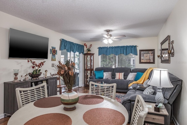 living room with ceiling fan, a textured ceiling, and wood-type flooring