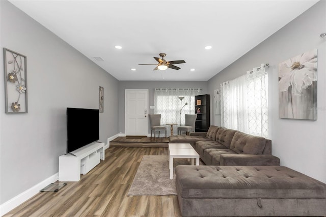 living room with ceiling fan and wood-type flooring