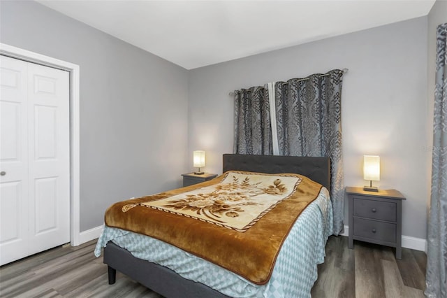 bedroom featuring wood-type flooring and a closet