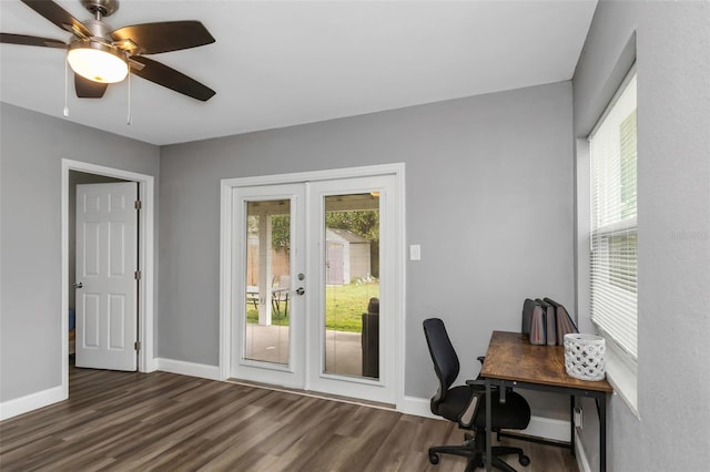 office area featuring ceiling fan, french doors, and dark hardwood / wood-style floors