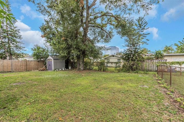 view of yard featuring a storage shed