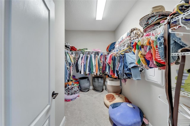 walk in closet with carpet flooring