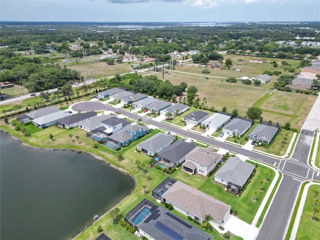 drone / aerial view featuring a water view