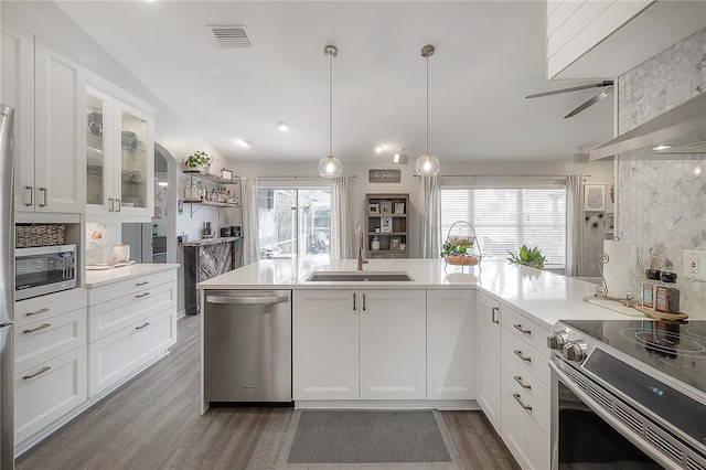 kitchen with sink, stainless steel appliances, white cabinetry, and a healthy amount of sunlight